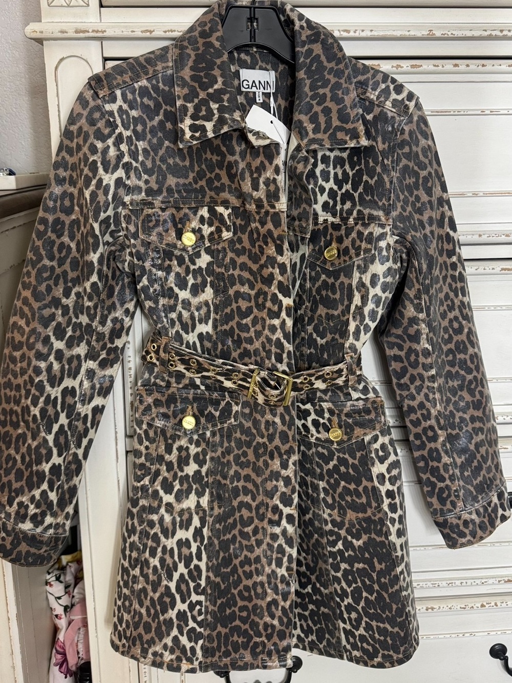 Ganni Leopard-Print Jean Jacket Dress in Brown and Black with Belt